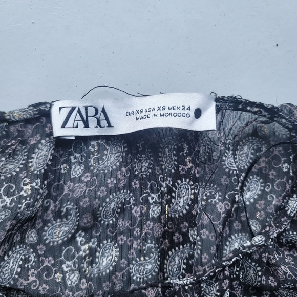 ZARA Paisley Boho Semi Sheer Long Sleeve Chiffon Blouse Lurex Black Buttons XS - Picture 2 of 12